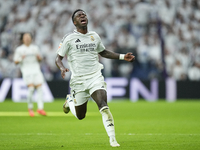 Vinicius Junior left winger of Real Madrid and Brazil during the La Liga match between Real Madrid CF and CA Osasuna at Estadio Santiago Ber...