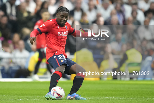 Enzo Boyomo centre-back of Osasuna and Cameroon during the La Liga match between Real Madrid CF and CA Osasuna at Estadio Santiago Bernabeu...