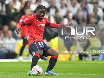 Enzo Boyomo centre-back of Osasuna and Cameroon during the La Liga match between Real Madrid CF and CA Osasuna at Estadio Santiago Bernabeu...