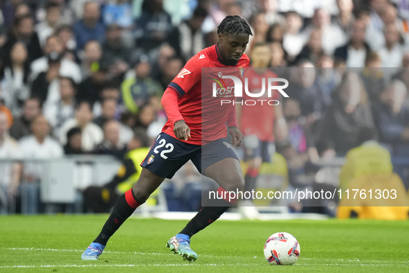 Enzo Boyomo centre-back of Osasuna and Cameroon during the La Liga match between Real Madrid CF and CA Osasuna at Estadio Santiago Bernabeu...