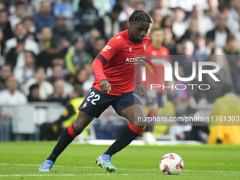 Enzo Boyomo centre-back of Osasuna and Cameroon during the La Liga match between Real Madrid CF and CA Osasuna at Estadio Santiago Bernabeu...