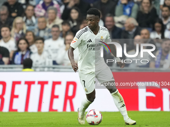 Vinicius Junior left winger of Real Madrid and Brazil during the La Liga match between Real Madrid CF and CA Osasuna at Estadio Santiago Ber...