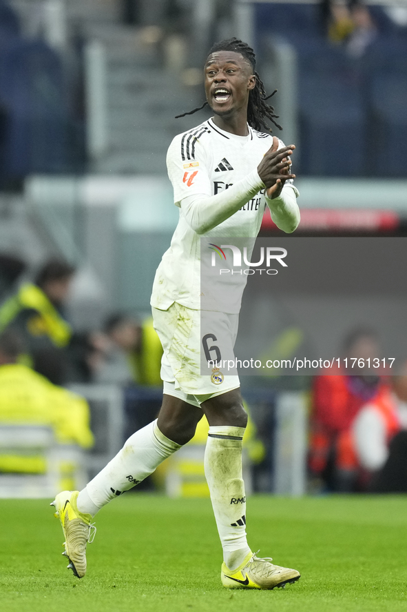 Eduardo Camavinga central midfield of Real Madrid and France reacts during the La Liga match between Real Madrid CF and CA Osasuna at Estadi...