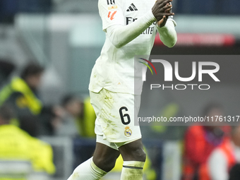 Eduardo Camavinga central midfield of Real Madrid and France reacts during the La Liga match between Real Madrid CF and CA Osasuna at Estadi...