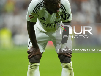 Vinicius Junior left winger of Real Madrid and Brazil reacts during the La Liga match between Real Madrid CF and CA Osasuna at Estadio Santi...