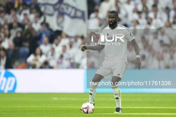 Antonio Rudiger centre-back of Real Madrid and Germany during the La Liga match between Real Madrid CF and CA Osasuna at Estadio Santiago Be...