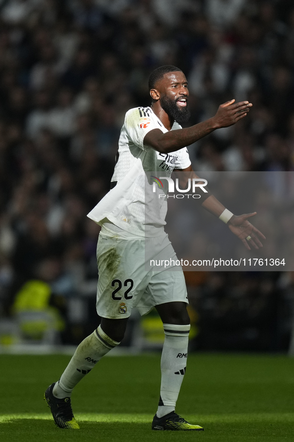 Antonio Rudiger centre-back of Real Madrid and Germany during the La Liga match between Real Madrid CF and CA Osasuna at Estadio Santiago Be...