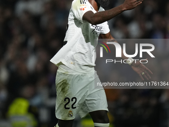 Antonio Rudiger centre-back of Real Madrid and Germany during the La Liga match between Real Madrid CF and CA Osasuna at Estadio Santiago Be...