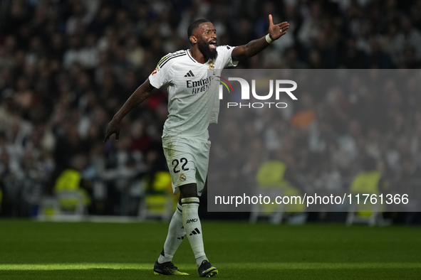 Antonio Rudiger centre-back of Real Madrid and Germany reacts during the La Liga match between Real Madrid CF and CA Osasuna at Estadio Sant...