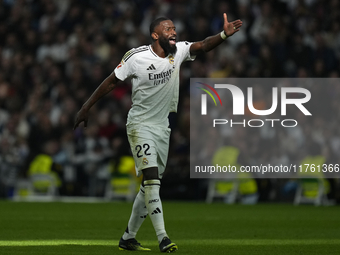 Antonio Rudiger centre-back of Real Madrid and Germany reacts during the La Liga match between Real Madrid CF and CA Osasuna at Estadio Sant...