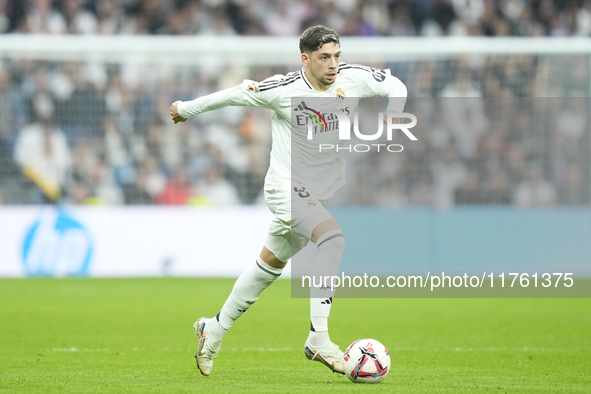 Federico Valverde central midfield of Real Madrid and Uruguay during the La Liga match between Real Madrid CF and CA Osasuna at Estadio Sant...