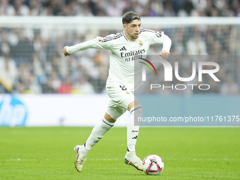 Federico Valverde central midfield of Real Madrid and Uruguay during the La Liga match between Real Madrid CF and CA Osasuna at Estadio Sant...