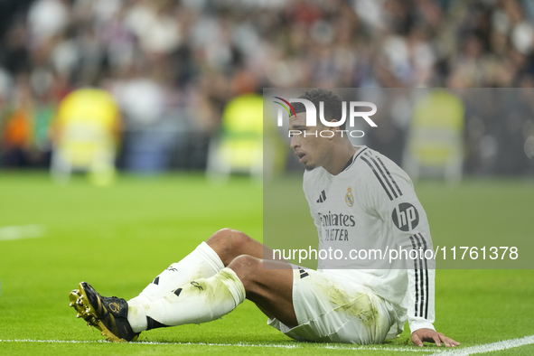 Jude Bellingham central midfield of Real Madrid and England reacts during the La Liga match between Real Madrid CF and CA Osasuna at Estadio...