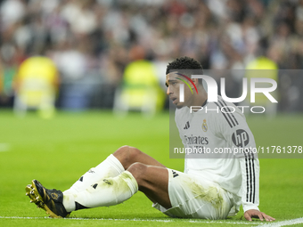 Jude Bellingham central midfield of Real Madrid and England reacts during the La Liga match between Real Madrid CF and CA Osasuna at Estadio...