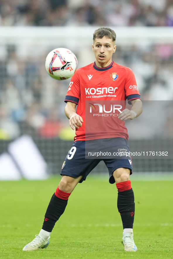 Bryan Zaragoza left winger of Osasuna and Spain during the La Liga match between Real Madrid CF and CA Osasuna at Estadio Santiago Bernabeu...