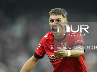 Bryan Zaragoza left winger of Osasuna and Spain protest to referee during the La Liga match between Real Madrid CF and CA Osasuna at Estadio...