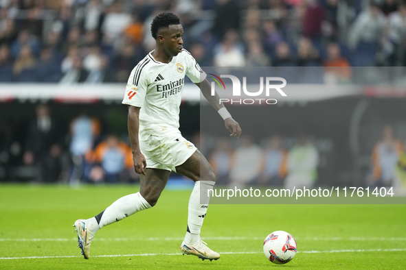 Vinicius Junior left winger of Real Madrid and Brazil during the La Liga match between Real Madrid CF and CA Osasuna at Estadio Santiago Ber...