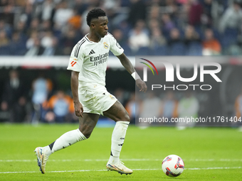 Vinicius Junior left winger of Real Madrid and Brazil during the La Liga match between Real Madrid CF and CA Osasuna at Estadio Santiago Ber...