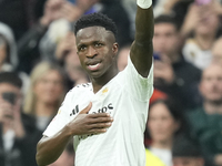 Vinicius Junior left winger of Real Madrid and Brazil celebrates after scoring his sides second goal during the La Liga match between Real M...