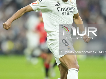 Kylian Mbappe centre-forward of Real Madrid and France during the La Liga match between Real Madrid CF and CA Osasuna at Estadio Santiago Be...