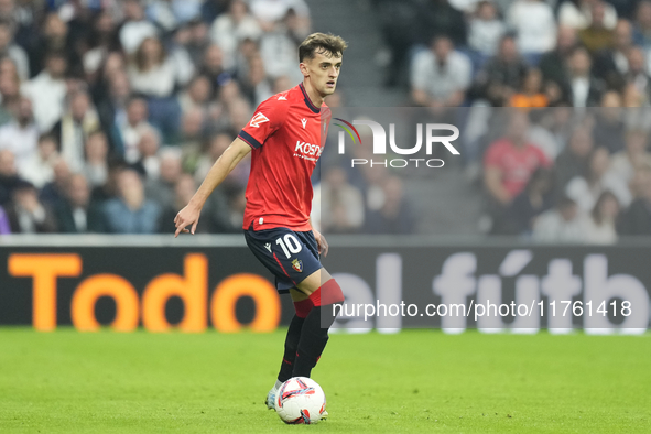 Aimar Oroz attacking midfield of Osasuna and Spain during the La Liga match between Real Madrid CF and CA Osasuna at Estadio Santiago Bernab...