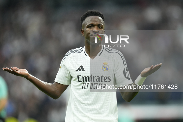 Vinicius Junior left winger of Real Madrid and Brazil third goal during the La Liga match between Real Madrid CF and CA Osasuna at Estadio S...