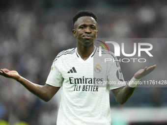 Vinicius Junior left winger of Real Madrid and Brazil third goal during the La Liga match between Real Madrid CF and CA Osasuna at Estadio S...