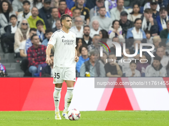 Raul Asencio centre-back of Real Madrid and Spain during the La Liga match between Real Madrid CF and CA Osasuna at Estadio Santiago Bernabe...