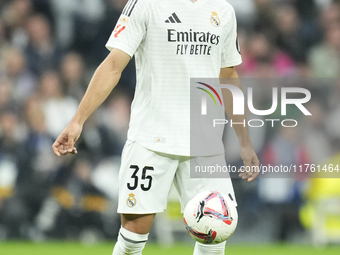 Raul Asencio centre-back of Real Madrid and Spain during the La Liga match between Real Madrid CF and CA Osasuna at Estadio Santiago Bernabe...