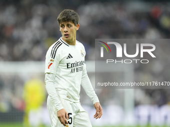 Arda Guler attacking midfield of Real Madrid and Turkey during the La Liga match between Real Madrid CF and CA Osasuna at Estadio Santiago B...