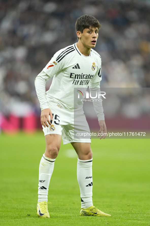 Arda Guler attacking midfield of Real Madrid and Turkey during the La Liga match between Real Madrid CF and CA Osasuna at Estadio Santiago B...