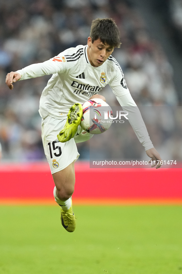 Arda Guler attacking midfield of Real Madrid and Turkey during the La Liga match between Real Madrid CF and CA Osasuna at Estadio Santiago B...