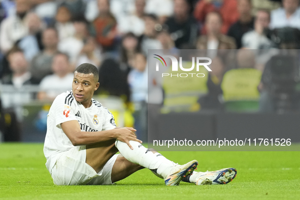 Kylian Mbappe centre-forward of Real Madrid and France reacts during the La Liga match between Real Madrid CF and CA Osasuna at Estadio Sant...