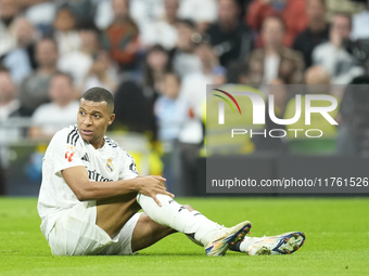 Kylian Mbappe centre-forward of Real Madrid and France reacts during the La Liga match between Real Madrid CF and CA Osasuna at Estadio Sant...