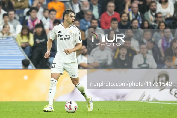 Raul Asencio centre-back of Real Madrid and Spain during the La Liga match between Real Madrid CF and CA Osasuna at Estadio Santiago Bernabe...