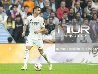 Raul Asencio centre-back of Real Madrid and Spain during the La Liga match between Real Madrid CF and CA Osasuna at Estadio Santiago Bernabe...