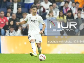 Raul Asencio centre-back of Real Madrid and Spain during the La Liga match between Real Madrid CF and CA Osasuna at Estadio Santiago Bernabe...