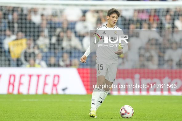 Arda Guler attacking midfield of Real Madrid and Turkey during the La Liga match between Real Madrid CF and CA Osasuna at Estadio Santiago B...