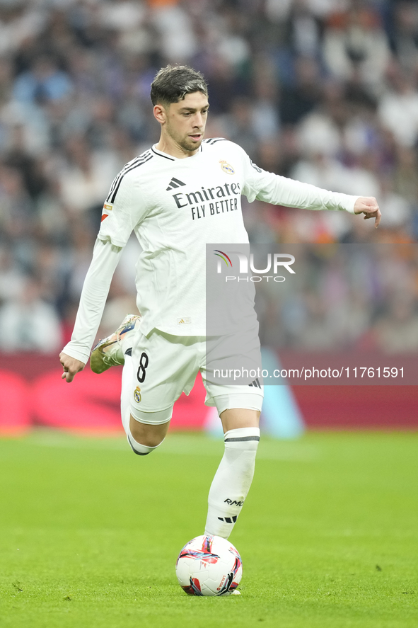 Federico Valverde central midfield of Real Madrid and Uruguay during the La Liga match between Real Madrid CF and CA Osasuna at Estadio Sant...