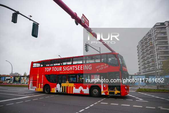 A double-decker  sightseeing bus in Berlin, Germany on November 8th, 2024. 