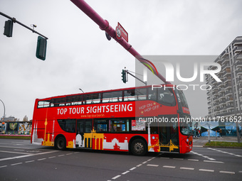 A double-decker  sightseeing bus in Berlin, Germany on November 8th, 2024. (