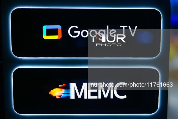 Google Tv and MEMC logos are seen on a store in Berlin, Germany on November 8th, 2024. 