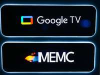 Google Tv and MEMC logos are seen on a store in Berlin, Germany on November 8th, 2024. (