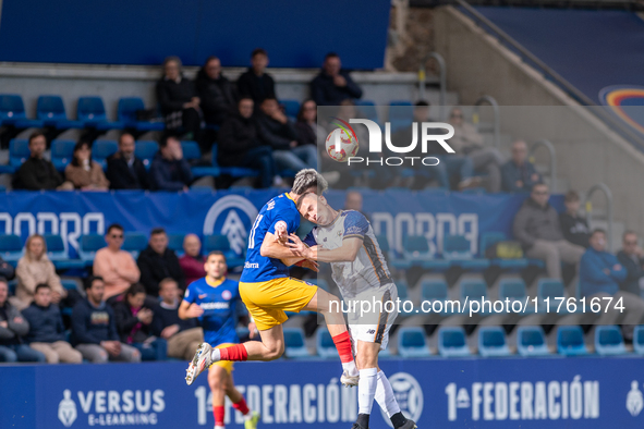 In Andorra La Vella, Andorra, on November 10, 2024, Borja Garcia of Barakaldo CF competes for the ball during the Primera RFEF 2024-2025 mat...