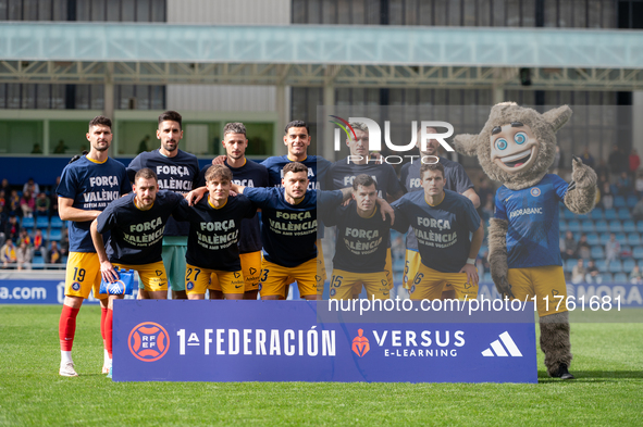 In Andorra La Vella, Andorra, on November 10, 2024, FC Andorra players form during the Primera RFEF 2024-2025 match between FC Andorra and B...