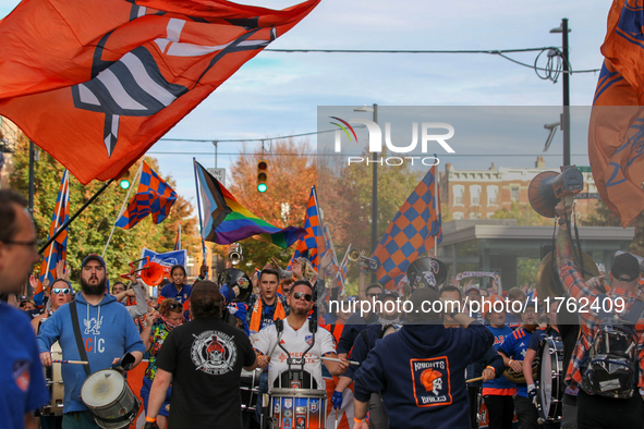 Cincinnati supporters are seen before the start of the 2024 MLS Cup Playoffs Round One match between FC Cincinnati and New York City FC at T...