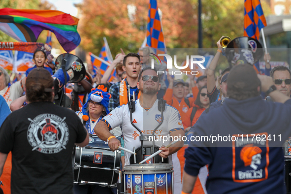 Cincinnati supporters are seen before the start of the 2024 MLS Cup Playoffs Round One match between FC Cincinnati and New York City FC at T...