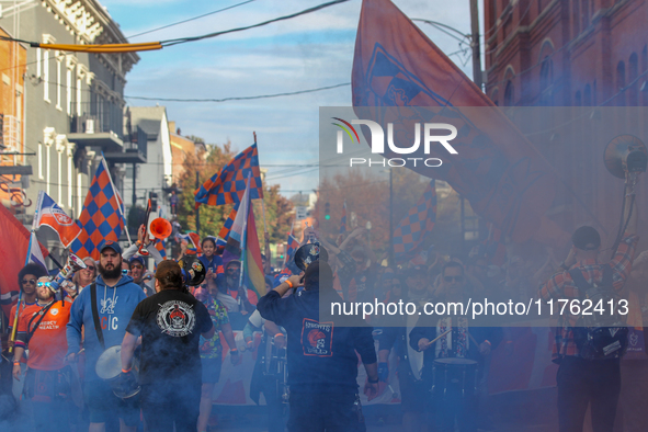 Cincinnati supporters are seen before the start of the 2024 MLS Cup Playoffs Round One match between FC Cincinnati and New York City FC at T...