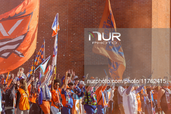 Cincinnati supporters are seen before the start of the 2024 MLS Cup Playoffs Round One match between FC Cincinnati and New York City FC at T...