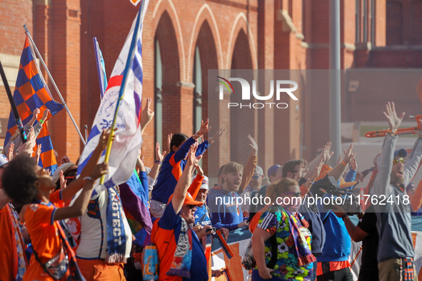 Cincinnati supporters are seen before the start of the 2024 MLS Cup Playoffs Round One match between FC Cincinnati and New York City FC at T...